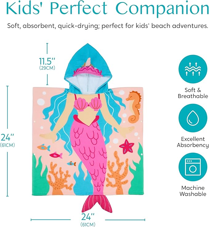 Joiedomi Kids Beach Towels with Hood for Girls Pink Mermaid Hooded Toddler Bath Towel Quick Dry Soft Microfiber 24"x24"
