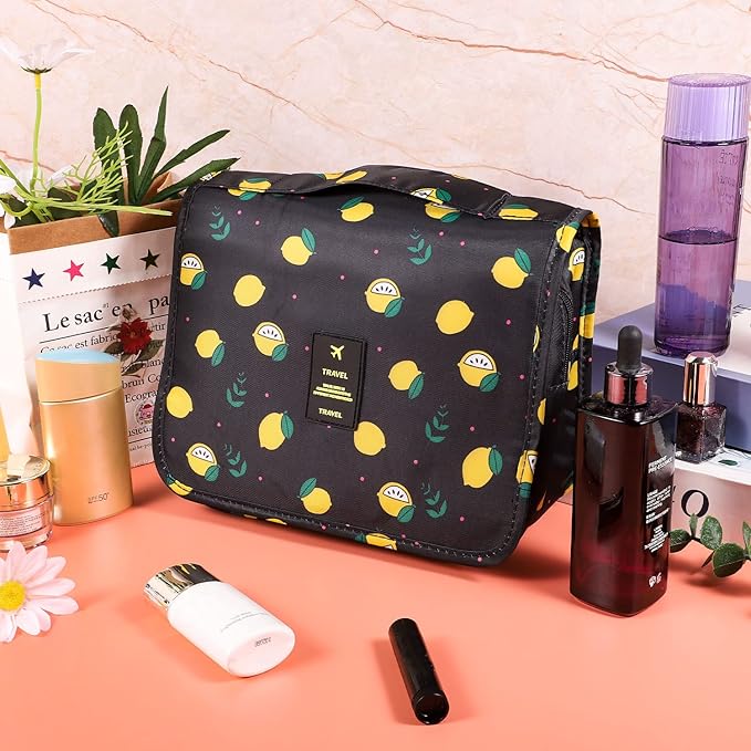 Pengxiaomei Toiletry Bag, Waterproof Hanging Cosmetic Bag Portable Travel Makeup Pouch Bathroom Bag Stocking Stuffers for Women Christmas Gifts(Black Lemon)