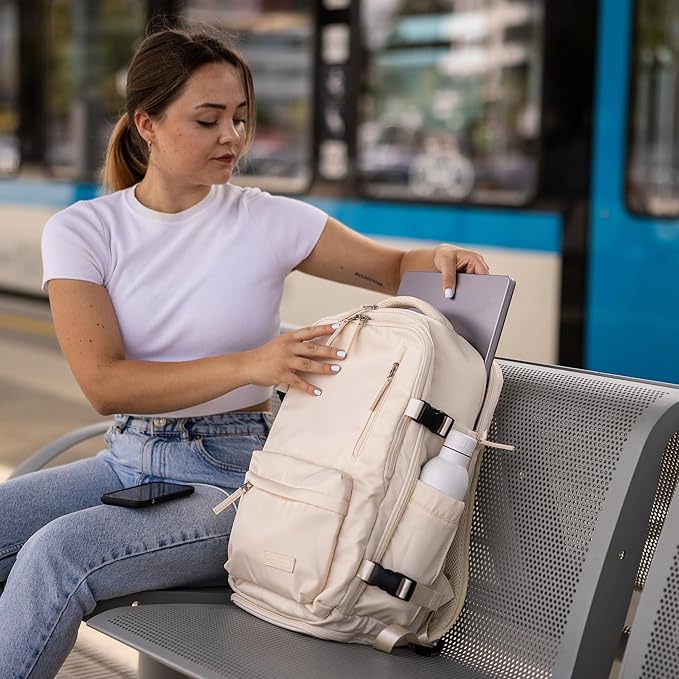 (Not Made In China) Travel Backpack For Men and Women, Airline Approved Carry On Bag w/Shoe Compartment, Holds 15.6" Laptop, USB Charging Port (Amerigo, Beige, 2 Pack)