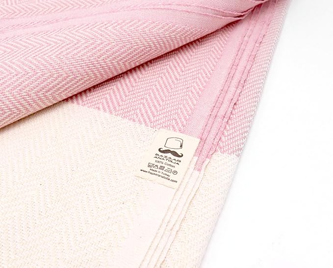Bazaar Anatolia Turkish Beach Towel 100% Cotton Bath Towels 71x39 Quick Dry Sand Free Lightweight Large Oversized Herringbone Light Pink