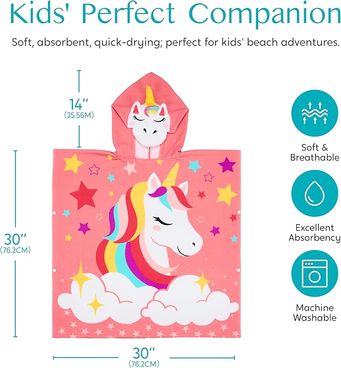 Joiedomi Kids Beach Towels with Hood for 3-10 Years Boys Girls Unicorn Hooded Toddler Bath Towel Poncho Absorbent Quick Dry Soft Microfiber Swim Robe with Backpack Lightweight 30"x30" for Beach Pool