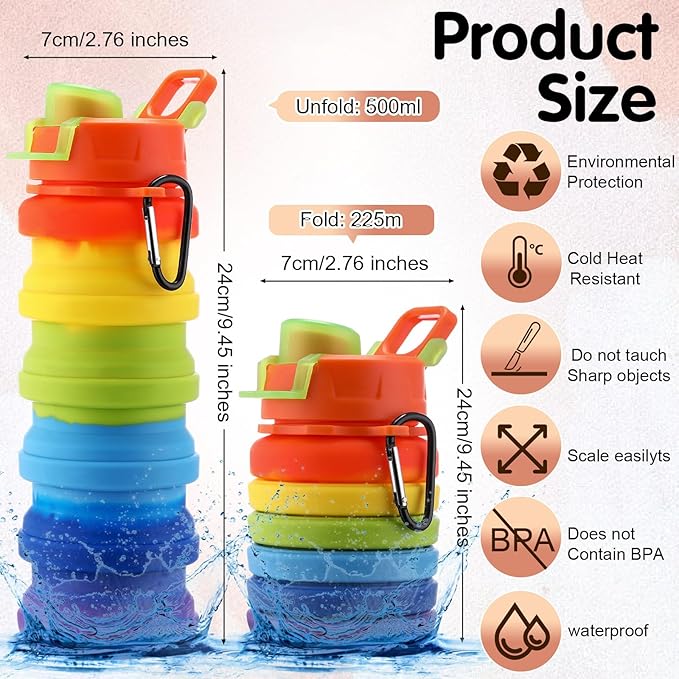 Sunnyray Collapsible Water Bottles Bulk Foldable Water Bottles 17oz Silicone Portable Leak Proof Reusable Sports with Clip for Travel Hiking Camping Outdoor(Colorful,30 Pack)