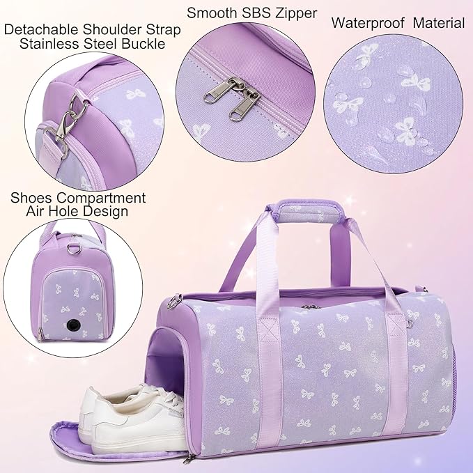 Dance Dag for Girl Travel Bag Glitter Bow Sports Duffle Dag Gym Bag Ballet Bag with Shoes Compartment & Wet Separation Waterproof