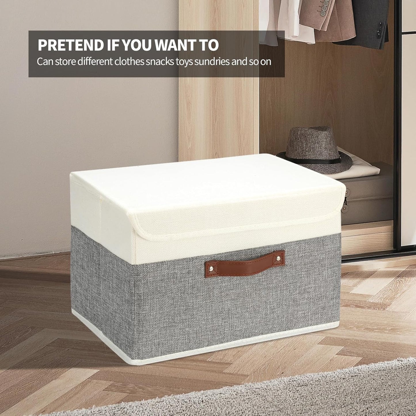 8 Pack Storage Bins Foldable Storage Boxes Fabric Storage Box with Lid & Handle Large Washable Organizer Bulk for Office, Home, Books, Clothes, Bedroom, Closet, (15INx10INx10IN White/Grey)