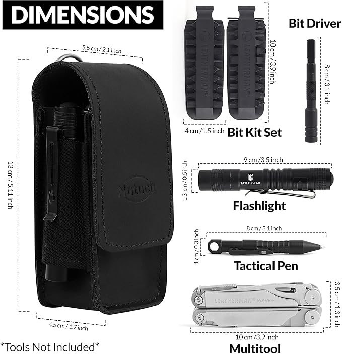 Leather EDC Multitool Sheath with Flip Closure | Leather EDC Belt Organizer | Flashlight Holster | Heavy Duty Multitool Organizer