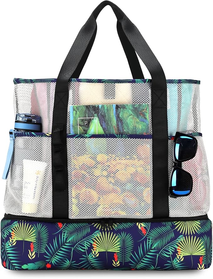 Beach Bag with Cooler,Mesh Beach Bags for Women Sandproof for Pool and Swimming Travel Daily with Durable 8 Pocket