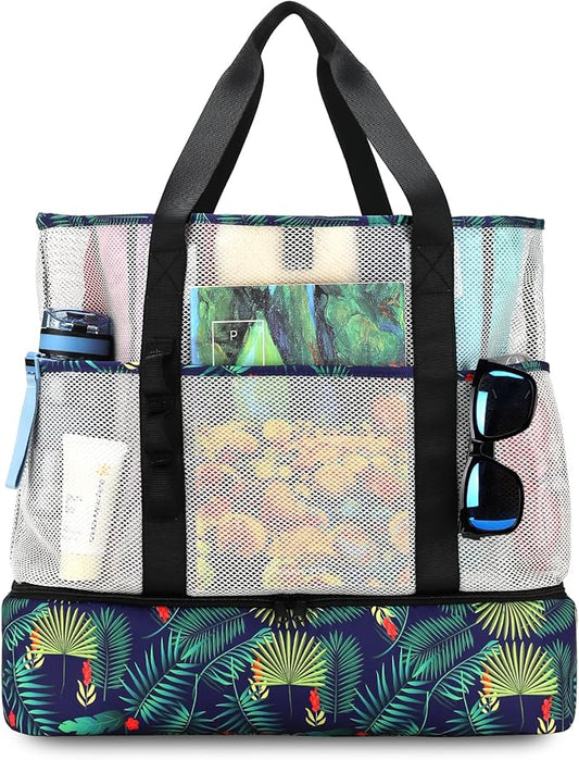 Beach Bag with Cooler,Mesh Beach Bags for Women Sandproof for Pool and Swimming Travel Daily with Durable 8 Pocket
