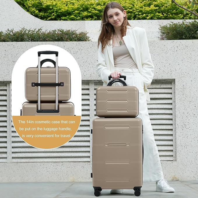 Merax Luggage Set 6 Piece,Lightweight Hardshell Suitcase with Double Spinner Wheels Handle Password Lock,14 IN Cosmetic Case 20/24/28 IN Luggages with Duffel Bag and Toiletry Bag,Khaki