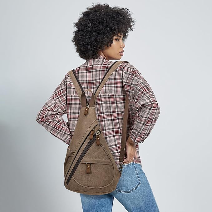 KL928 Canvas Sling Bag - Small Crossbody Backpack Shoulder Casual Daypack Rucksack for Men Women(Large Version,Brown)