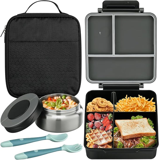 Itslife Bento Lunch Box for Kids with 8oz Soup Thermo&Lunch Bag, Leak-Proof Lunch Food Containers with 4 Compartment, Hot Food Insulated Food Jar for Kids School (Black&Grey)