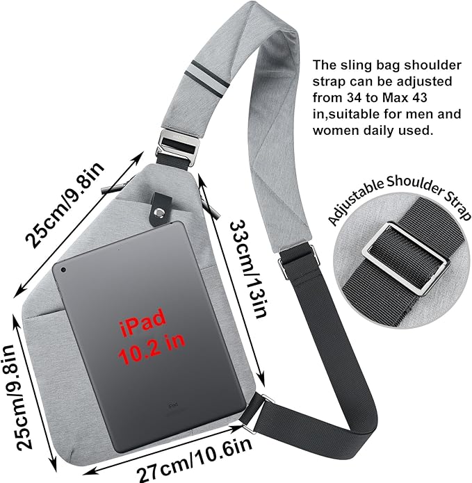 VADOO Anti-theft Sling Bag, RFID Blocking Crossbody Bag for Women and Men Lightweight Shoulder Chest Bag for Travel Sport, Grey 2.0, Large