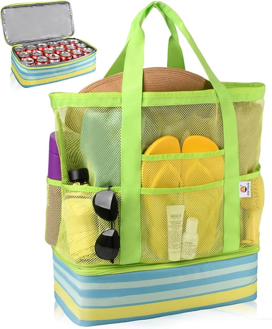 Beach Bag with Cooler, Mesh Beach Bag for Women Cruise Pool, Packable Waterproof Sandproof Travel Tote Bag with 8 Pockets