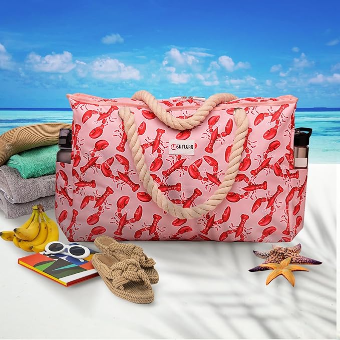Beach Bag and Pool Bag Has Cooler Pocket, 7 Pockets Total, Zip Top. Family Size Waterproof Beach Tote