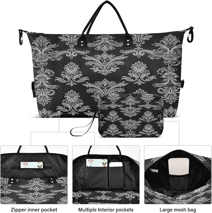 Black Damask Baroque Floral Travel Duffle Bag Gym Yoga Carry on Bags for Men Women Weekender Bag
