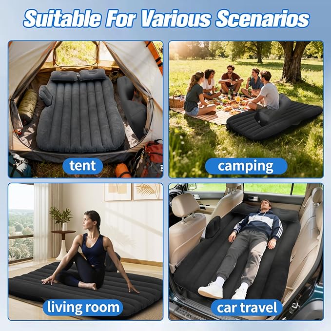 Inflatable Car Air Mattress Back Seat Bed with Air Pump,53 "x 32.6" Portable Thickened Car Travel Camping Sleeping Air Mattress Blow Up Bed for Car Universal SUV