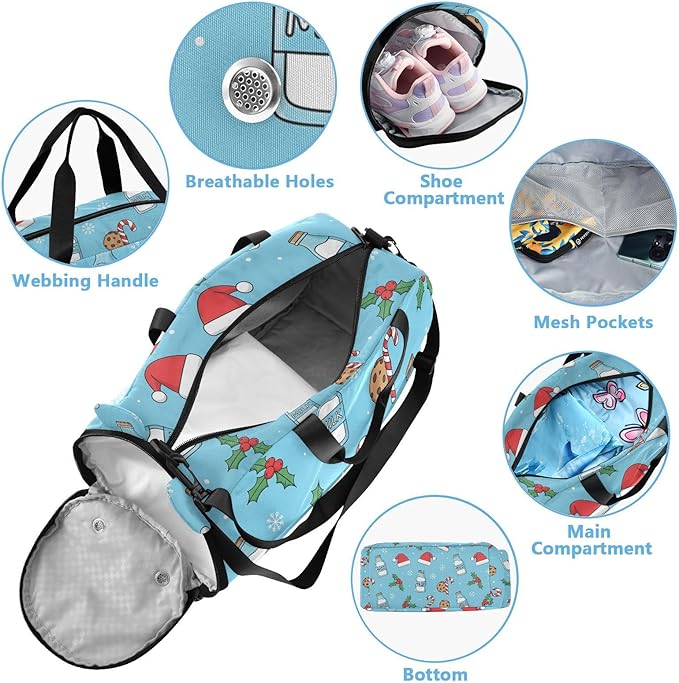 VIGTRO Milk Bottles Santa Hats Cookies Kids Overnight Travel Duffel Bag Sport Gym Bag for Boys Girls with Shoe Compartment, Christmas Carry On Weekender Luggage Bag for Dance Swim Yoga