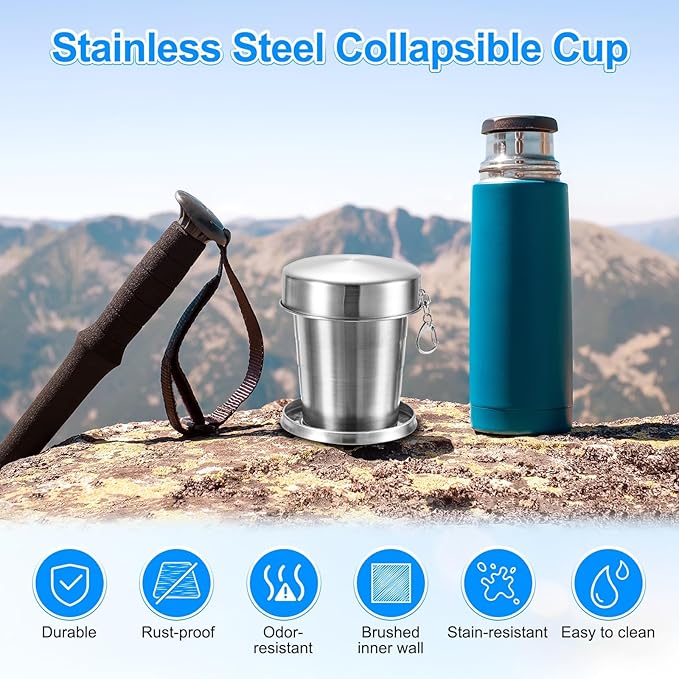 2 Pack Stainless Steel Collapsible Travel Cup, 15oz(450ml) Reusable Collapsible Metal Cup Portable Foldable Water Bottle with Lid and Keychain for Travel/Camping/Hiking