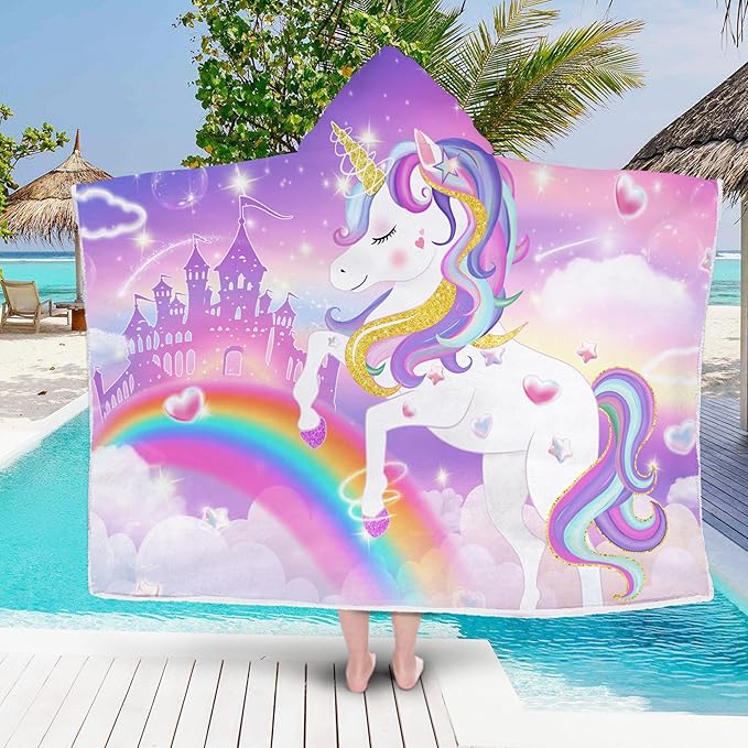 Unicorn Hooded Beach Towel, Unicorn Kids Hooded Poncho Towel for Girls, Cute Cartoon Soft Absorbent Bath Towels Pink with Hood for Kids Toddler 30”x50”, Bathrobe with Hood for Swin Pool Bath