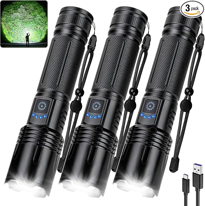 Rechargeable Flashlights 3 Pack - 990,000 Lumens Super Bright LED Flash Light with Fast Charging, IPX7 Waterproof, 5 Modes for Camping & Home