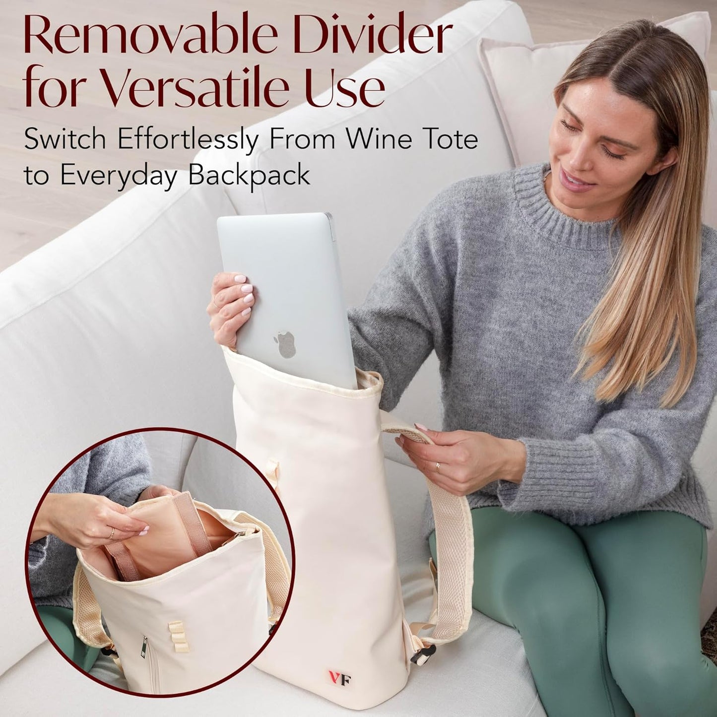 Two Bottle Rolltop Wine Tote Bag – Stylish PU Leather Wine Backpack with Matching Tumblers – Compact & Lightweight Wine Carrier with Padded Straps & Compartments for Travel & Picnics - Beige