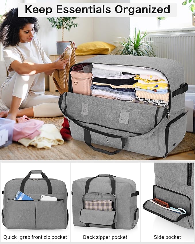 80L Foldable Large Travel Duffle Bag for Men and Women, Packable Duffel Bags with Shoe Compartment, Water Repellent & Tear Resistant (Gray)