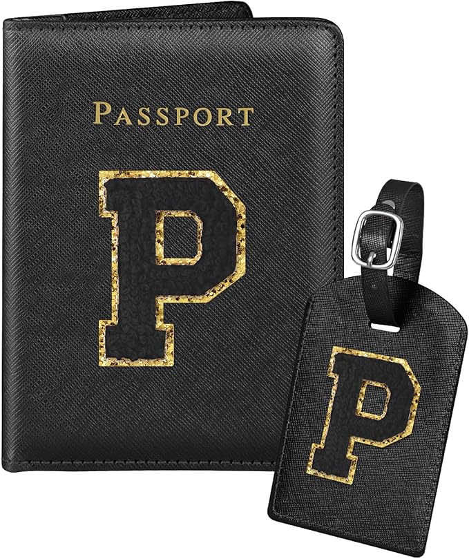 Slohif Passport Holder Initial Lugguage Tag Set Suitcase Cover Wallet Case for Travel Women - Leather Letter Passport Book Personalized Organizer Card Protector Sleeve Essentials Slim Carrier Black P