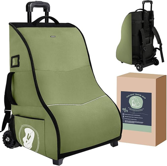 Car Seat Travel Bag with Wheels for Airplane, Waterproof Padded Car Seat Carrier Backpack for Airport, Fits Infant & Convertible Seats，Green