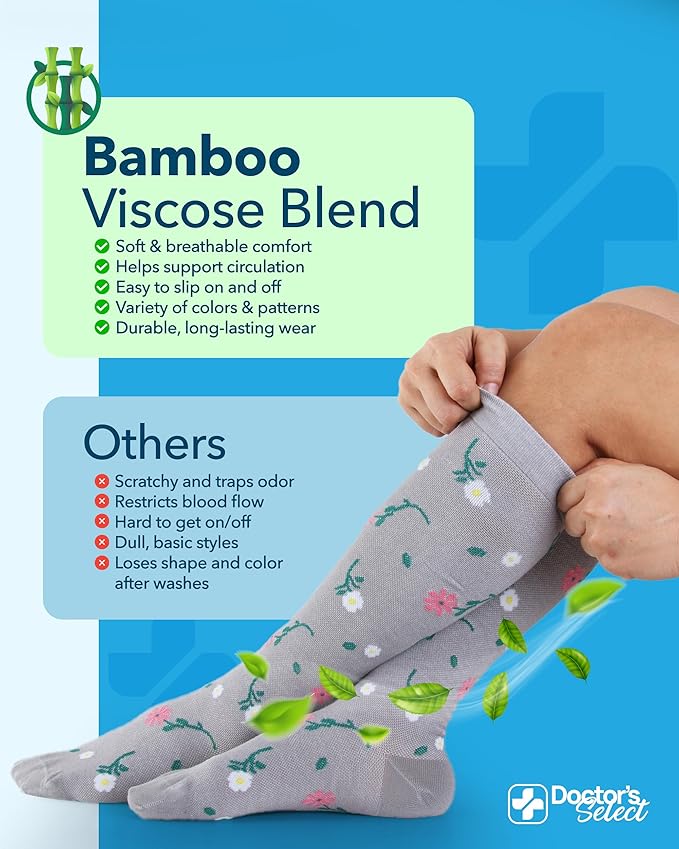 Doctor's Select Bamboo Viscose Light Compression Socks for Women & Men - 3 Pairs, 8-15 mmHg Compression Socks, Knee High