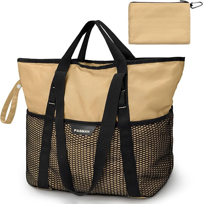 Large Beach Bag with Zipper-8 Pockets Sandproof Beach Tote Bag for Women,Foldable Lightweight Family Swim Bag Vacation