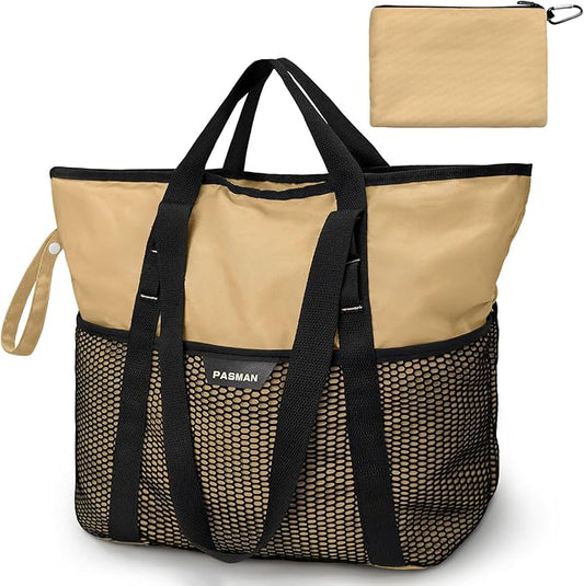 Large Beach Bag with Zipper-8 Pockets Sandproof Beach Tote Bag for Women,Foldable Lightweight Family Swim Bag Vacation