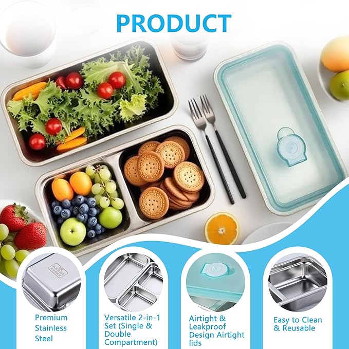 8 PACK Stainless Steel Snack Containers with Lids Meal Prep Food Storage Container Lunch Box Multi Compartment Reusable Leak-Proof Design for Travel,Snacks, Sandwiches,Condiments Bento Box Office Home