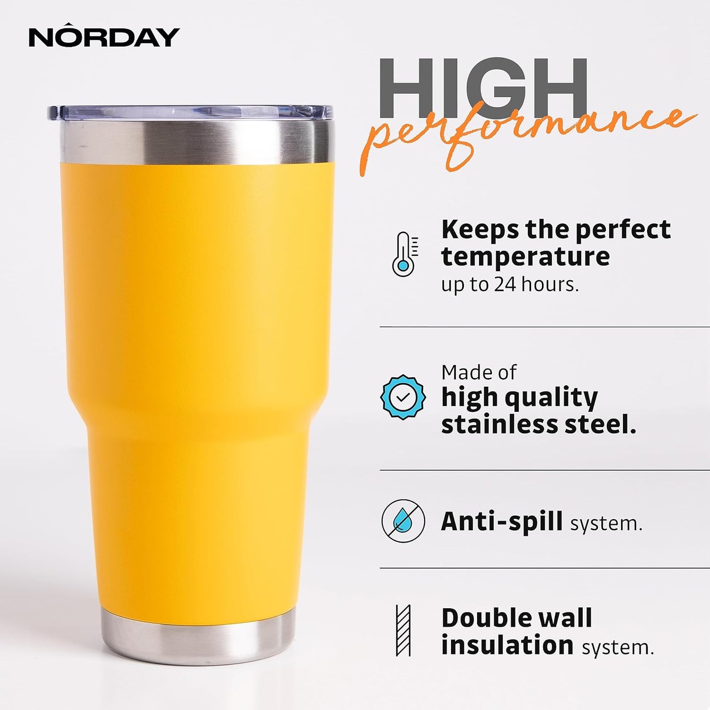 NORDAY | Tumbler with Lid - 30oz - Yellow Insulated Tumbler - Stainless Steel Tumblers - Double Wall Vacuum Insulated Travel Coffee Mug for Car Cup Holder - Keeps Temperature for 24hr - Anti Spill Lid