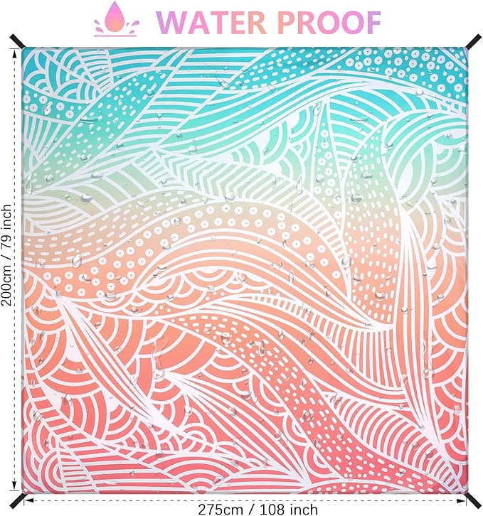 Beach Blanket Waterproof Sandproof Beach Mat for 1-8 Adults Quick Drying Durable Outdoor Picnic Mat for Beach Festival Travel Camping Hiking (Gradiant P&GN-Ripple, 79"×108"(6 Person))