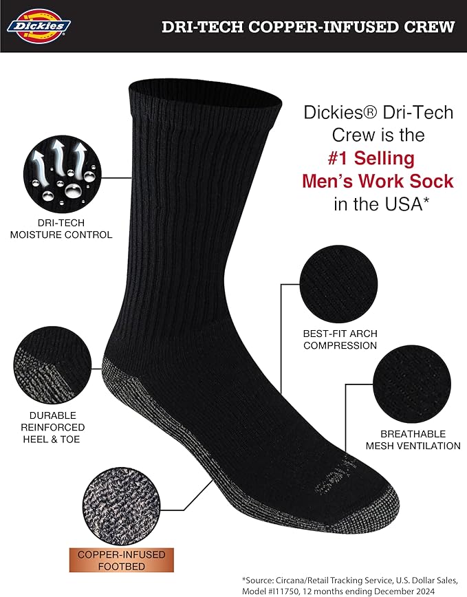 Dickies Men's Dri-Tech Original Moisture Control Crew Socks, Available in M-XXL (6, 12, 18 Pairs)