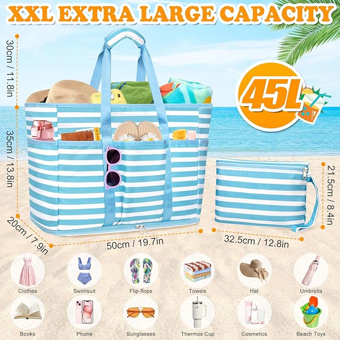 Large Beach Bag with Zipper, 12 Pockets Waterproof Sandproof Pool Bag Womens Mesh Beach Tote Bag for Travel Vacation