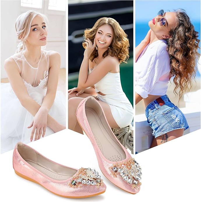 KUNWFNIX Women Ballet Flats Rhinestone Wedding Ballerina Shoes Foldable Sparkly Comfort Slip on Flat Shoes