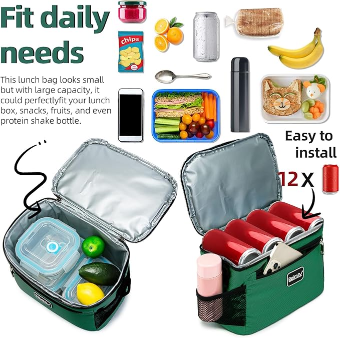 BEIMILY Lunch Box for Men/Women,Small Insulated Lunch Bag,Reusable LunchBox for work Picnic Beach,Leakproof Soft Cooler Tote Bag Organizer with Adjustable Shoulder Strap for Adults(Blackish Green)