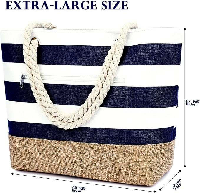 Large Canvas Beach Bag for Women, Beach Bags Waterproof Sandproof with Zipper & Wet Bag Cruise Essentials