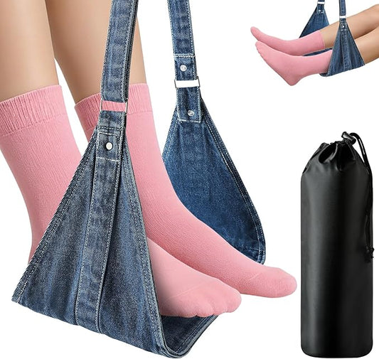 Airplane Foot Hammock, No Collapse Foot Rest for Plane Travel with Extended Adjustment Strap, Portable Desk Foot Hammock with,Cotton Denim, Foot Sling Travel Essentials to Relax Your Feet (Dark Blue)