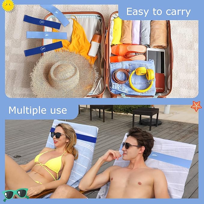Towel Bands (6 Pack) - Stretch Beach Towel Clips for Beach Cruise Pool Chairs, Lounge Towel Holder Elastic, Cruise Ship Essentials (Blue New)