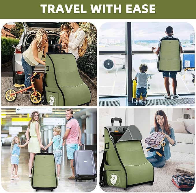 Car Seat Travel Bag with Wheels for Airplane, Waterproof Padded Car Seat Carrier Backpack for Airport, Fits Infant & Convertible Seats，Green