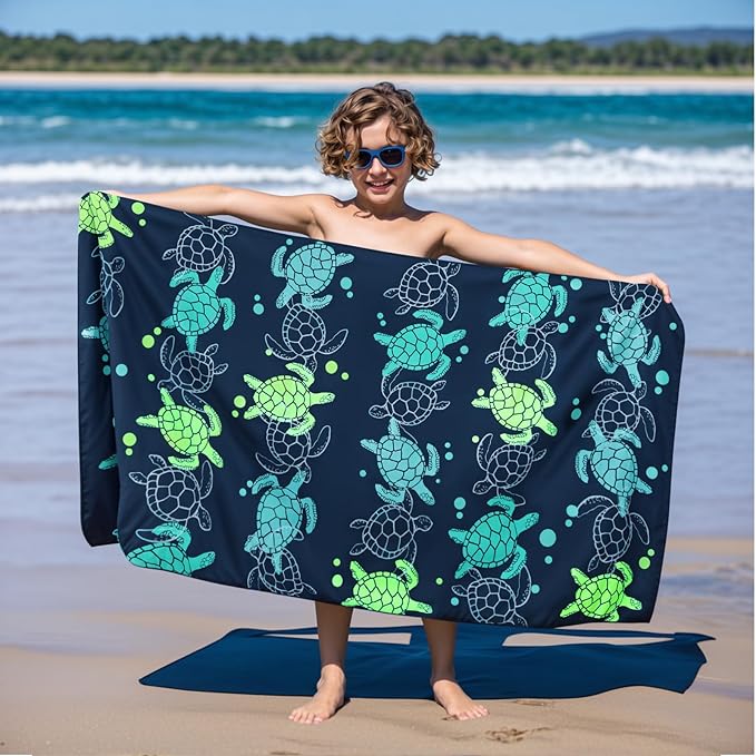MelonBoat Large Microfiber Beach Towel: Large Light Green Turtles Beach Towel for Travel, Super Absorbent Quick Dry Sand Free, Lightweight Compact for Kids Trip Vacation Bath Camping Pool Swim, 1 Pcs
