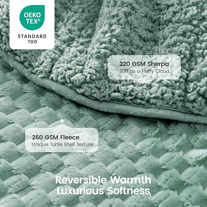 Super Fuzzy Soft Fleece Sherpa Weighted Blanket 15 lbs for Adults, 3D Imitation Turtle Shell Luxury Weighted Throw for Better Sleep, Dual Sided Cozy Heavy Blankets for Couch Bed, Sage Green, 60" x 80"