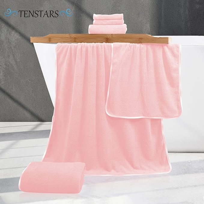 TENSTARS Luxury Silk Hemming Towel Set - Light Thin Quick Drying - 2 Bath Towels 2 Hand Towels 2 Washcloths - Ultra Soft Microfiber Towel for Bath Fitness, Sports, Yoga, Travel (Pink 6 Pieces)