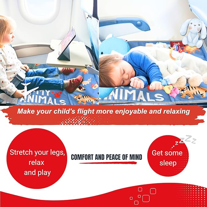 Airplane Seat Extender for Kids ANM: Enhance Your Child's in-Flight Comfort. Travel Toddler Bed, Leg Rest, Foot Hammock, All in One (My Animals - Cool Grey)
