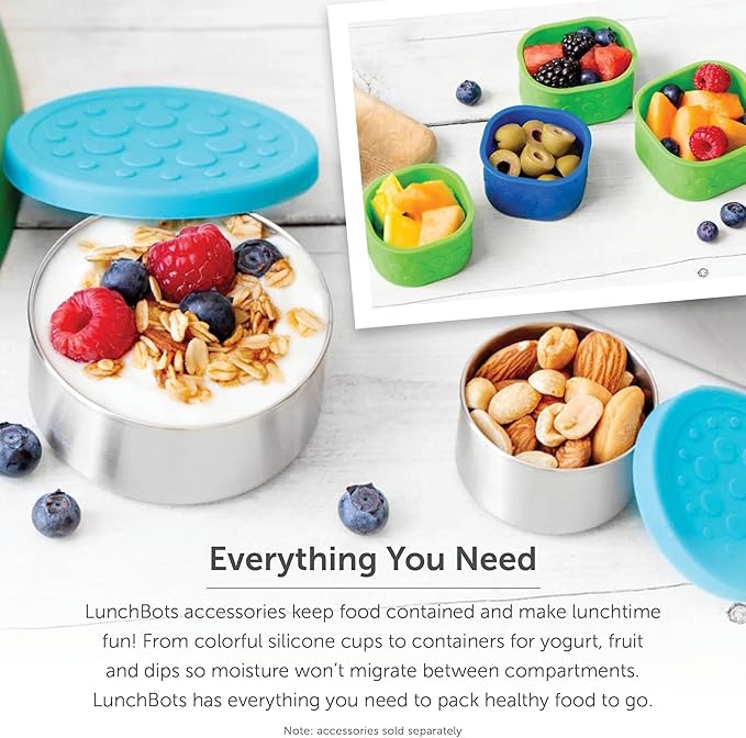 LunchBots Large Cinco Stainless Steel Lunch Container - Five Section Design Holds a Variety of Foods - Metal Bento Box - Dishwasher Safe - Stainless Lid - Green Dots