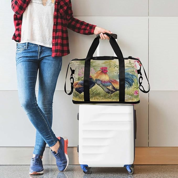 Travel Duffel Bags for Women Country Rooster Painting Print Sports Duffel Bags Gym Bags with Shoes Compartment Tote Bag Weekender Bag for Travelling