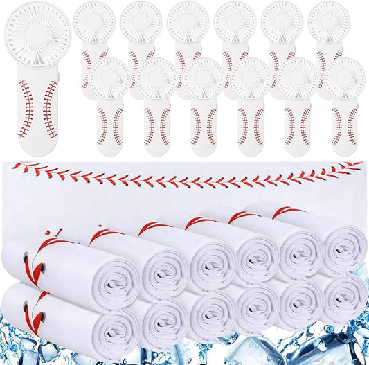 24 Pcs Sport Gifts, Includes 12 Pcs Cooling Towels 40"x12" Workout Towels, 12 Portable Fan Mini Handheld Fan for Team Gift Sport Party Favors, Battery Not Include(White,Baseball)