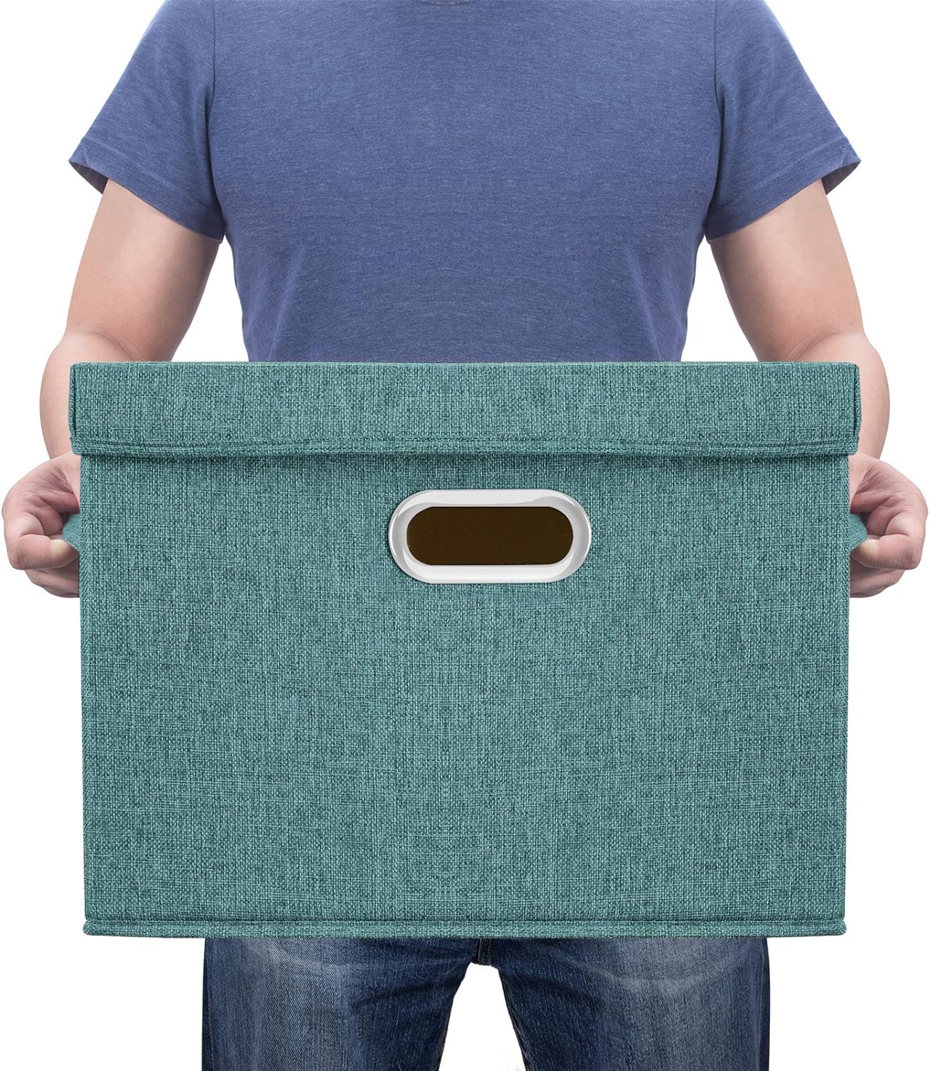 TYEERS Large Storage Bins with Lids, Collapsible, Washable, Fabric Storage Boxes for Organizing, 17.3x11.8x11.4 inches, 3 Pack, Aqua Deep