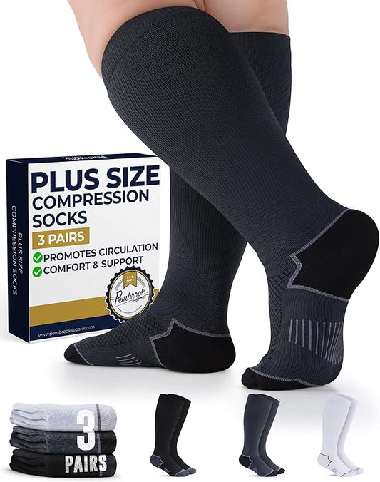 Pembrook Plus Size Compression Socks for Women Wide Calf - 3 Pairs, 20-30mmHg Extra Wide Calf Compression Socks, Up to 4XL